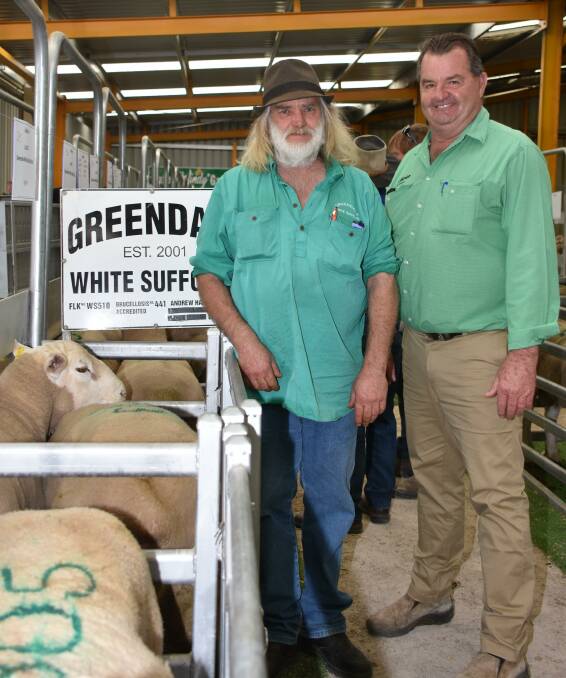  Greendale White Suffolk stud principal Andrew Hann (left), Esperance and Nutrien Livestock, Esperance agent Barry Hutcheson discussed the three rams Mr Hutcheson purchased from the Greendale line-up for NW & HJ Shepherd.