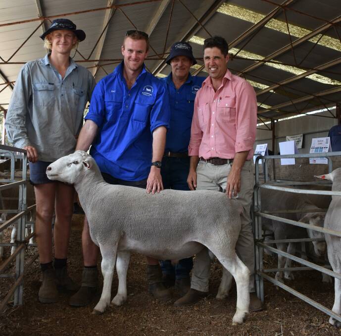 With the $2050 top-priced ram at last weeks Glenbrook White Suffolk ram sale at Darkan were buyer Toby Humphris (left), Wandibirrup Grazing, Beaufort River, Glenbrook co-principals Zac and Ad South and Elders, Darkan agent Mitch Clarke.