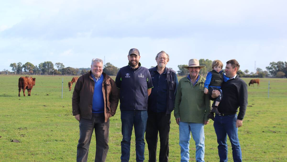  Alan Peggs (left), Alan Peggs Rural, John and Roger Dawkins, Melaleuka, North Dandalup, Leigh McLarty, Blythewood, Pinjarra, with his son Nick and grandson Hugh.