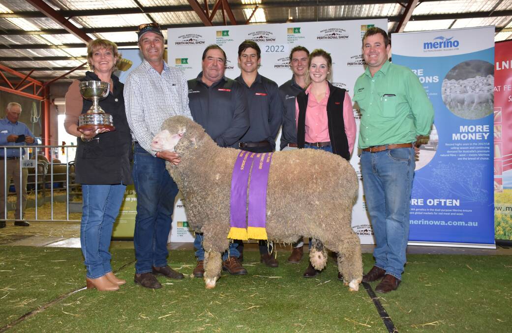 The Jones familys Belka Valley stud, Bruce Rock, exhibited the supreme Merino exhibit at this years Perth Royal Show. With the ewe which was also sashed the grand champion autumn shorn ram and champion autumn shorn Poll Merino ram over 1.5 years, were stud principals Robyn (left) and Phil Jones, judges Scott Pickering, Derella Downs and Pyramid Poll studs, Cascade, Fraser House, Barloo and Willemenup studs, Gnowangerup, Jake Michael, Nyowee stud, Balaclava, South Australia and Alex Prowse, Elders Merredin and sponsor representative Mitchell Crosby, Nutrien Livestock Breeding.