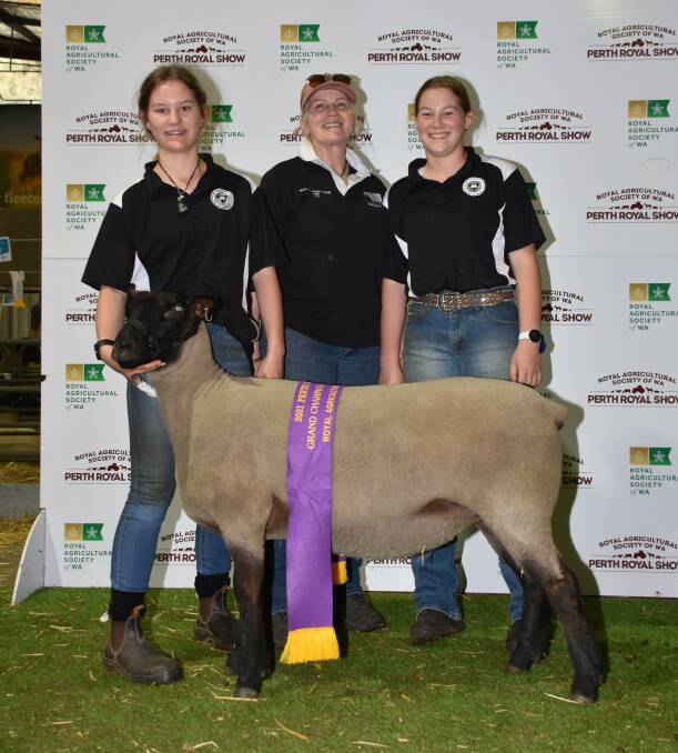 The Sasimwa Suffolk stud, York, exhibited the interbreed grand champion meat breeds ewe. With the ewe were Sasimwa co-principal Kay Cole (centre) and her granddaughters Kadee and Madison Taylor.