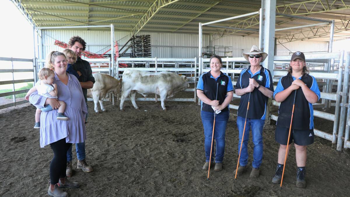 Buyers of the $15,000 top-priced bull (pictured) at the annual Bardoo Charolais on-property bull sale at Elgin last week were Ivan (left) and Shannon Gerovich with their children Lucca and Milka with Bardoo stud connections Denise Lynch, Barry Bell and Sam Lynch.