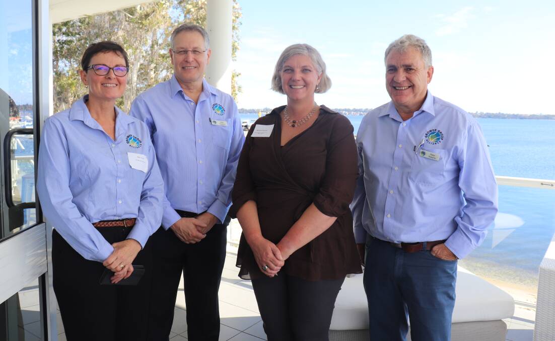 GGA chief executive officer Niki Curtis (left), program broker Mark Holland and chairman Peter Roberts (right) with Future Drought Fund Research director Michele Akeroyd at the GGA Hub Consortia Information Forum last Wednesday, held at the South of Perth Yacht Club.