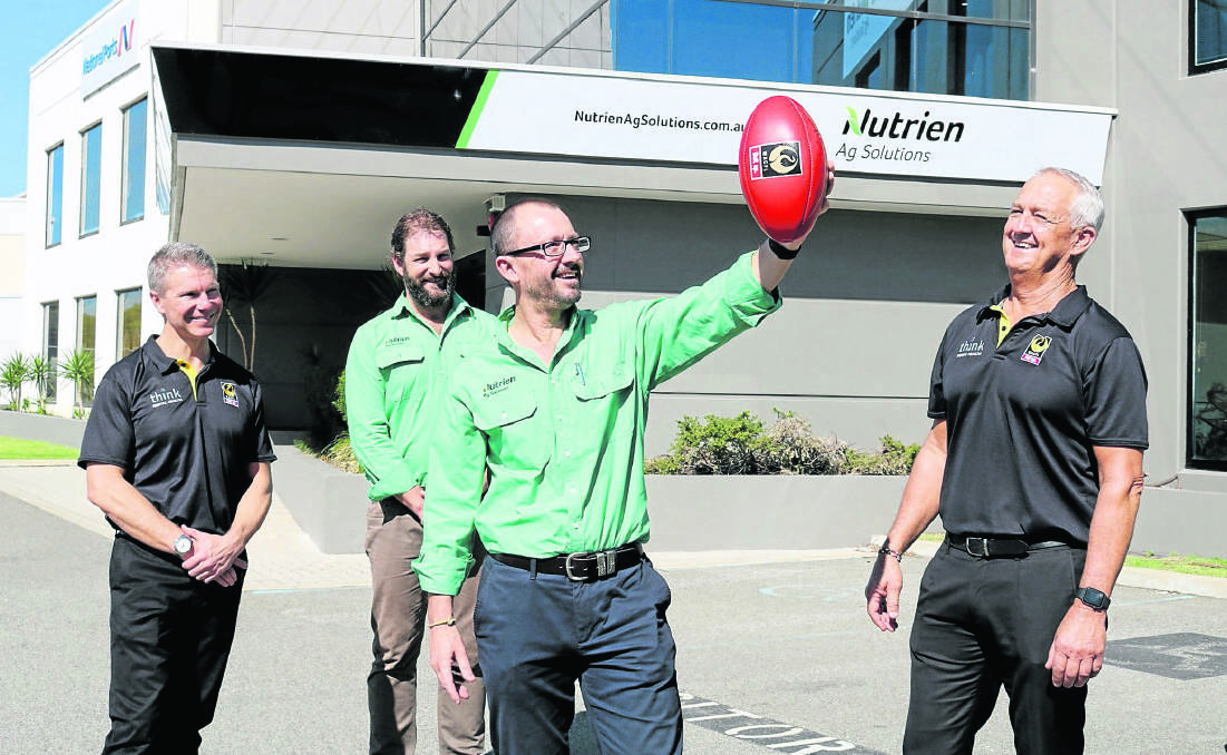 At the Nutrien Ag Solutions head office, Fremantle, following the announcement of its ongoing sponsorship of WA country football were WA Football Commission country football and facilities executive manager Tom Bottrell (left), Nutrien region fertiliser manager Shane Page with region manager - west region, Andrew Duperouzel and WACFL senior vice president Ian Stanley.