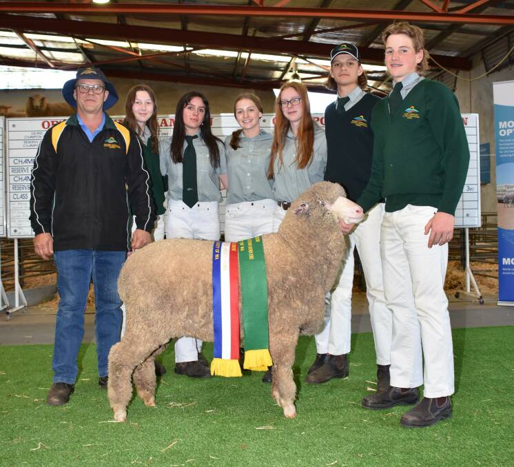  The reserve grand champion autumn shorn ewe and champion autumn shorn Poll Merino ewe under 1.5 years was exhibited by the WA College of Agriculture, Harvey's Mornington stud. With the ewe were college technical officer Steve Adams (left) and year 11 students Breanna MacDonald, Kimberley Mannion, Alyssa Rijkers, Sarah Woods, Jack Byrne and Blake Johnston.