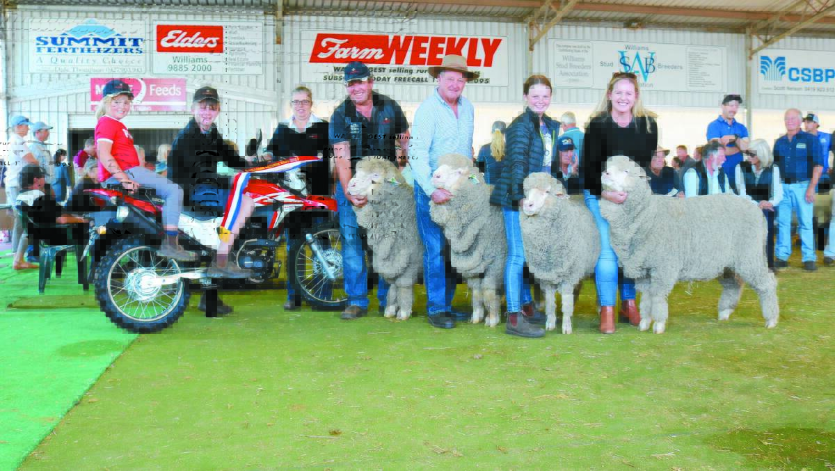 Taking out their first Farm Weekly-sponsored motorbike prize for best team of two rams and two ewes at the Make Smoking History Williams Gateway Expo at the weekend was the King family, Rangeview stud, Darkan. With the winning team of Poll Merinos were Erin (left) and Tom King, Farm Weekly livestock manager Jodie Rintoul and Jeremy, John, Gemma and Melinda King.
