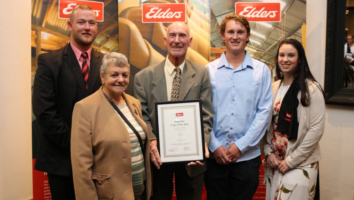  Elders Merredin territory sales manager James King (left), congratulated clients Willa, Richard, James and Lauren Steel, Carribber stud, South Yilgarn, on winning the Supreme Clip of the Sale award for sale F09.