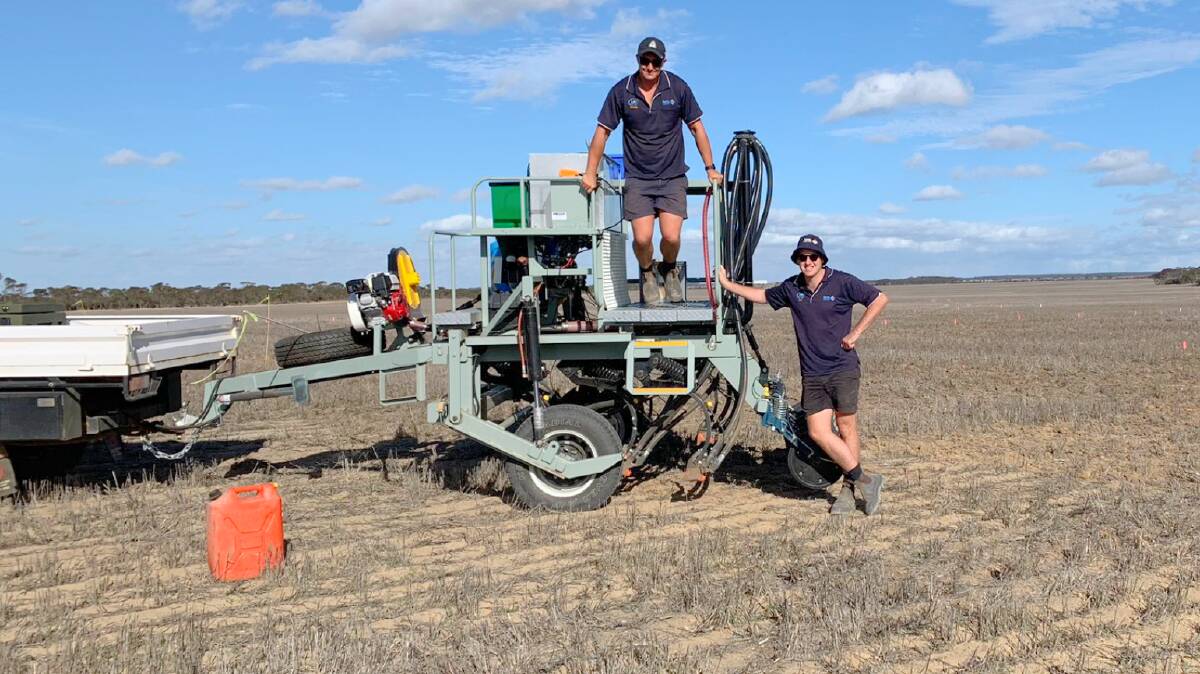 Farm and General agronomist Richard Scott (left) and Sam Fetherstonhaugh on the company's trial seeder.