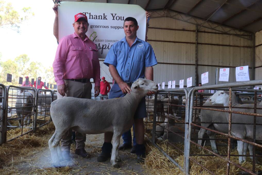 The proceeds from a ram selling for $1000 to JM & ME Walker, Green Range, in the Ridgetop sale were kindly donated by the Carter family to the Albany Community Hospice. Celebrating the donation were Elders, Albany representative David Lindberg (left) and Ridgetop co-principal Denam Carter.