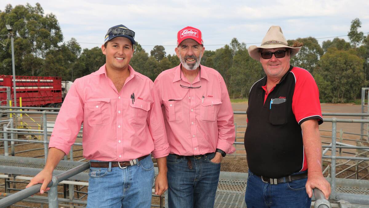 Elders livestock trainee, Alex Tunstill (left), was on the rail with Elders State livestock and wool manager Dean Hubbard and Elders sale co-ordinator Jim Quilty.