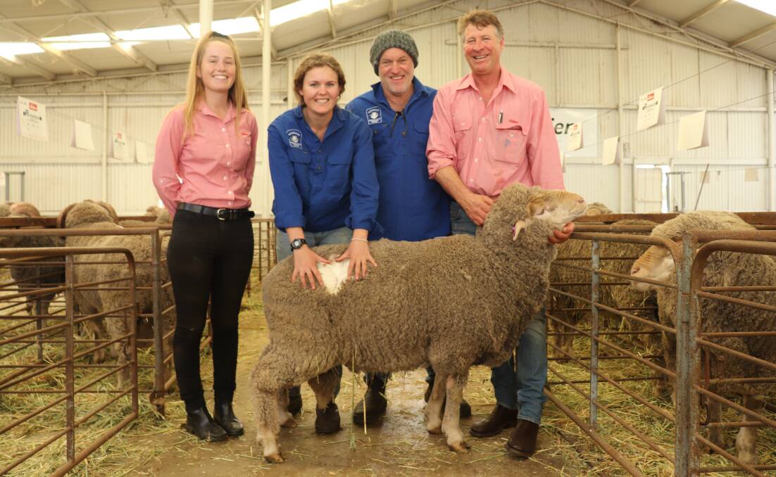 Elders livestock trainee Lauren Rayner (left), Georgia Dawes, Rutherglen studmaster Whippy Dawes and Jeff Brown, Elders Narrogin, with the top-priced Poll ram at $2900 which was purchased by Laurie Cheney, LG & LJ Cheney, Boddington.