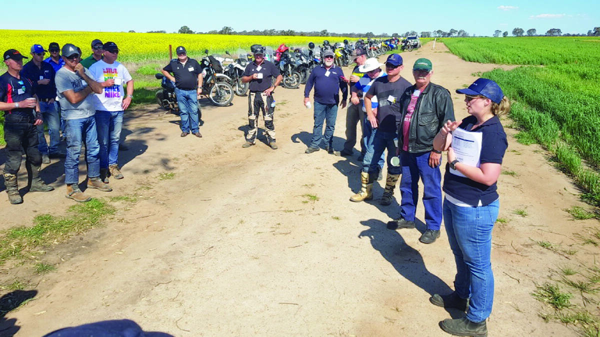 Rebecca Smith, Living Farm, welcomes riders from the Adama Two-Wheel Trial Tour to the long-term frost management site jointly co-ordinated by DPIRD and Living Farm, south-west of Beverley.