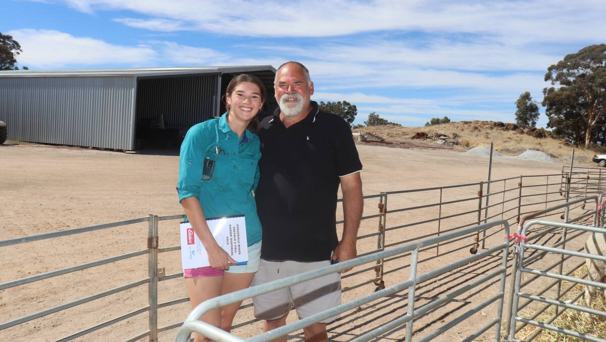 Wagin stud breeders George Bolt and daughter Brittany, Rockalong Poll Dorset stud, looking over the Poll Dorset ewes prior to the sale. The Bolts secured 13 Poll Dorset ewes to a top of $425 twice and a $327 average.