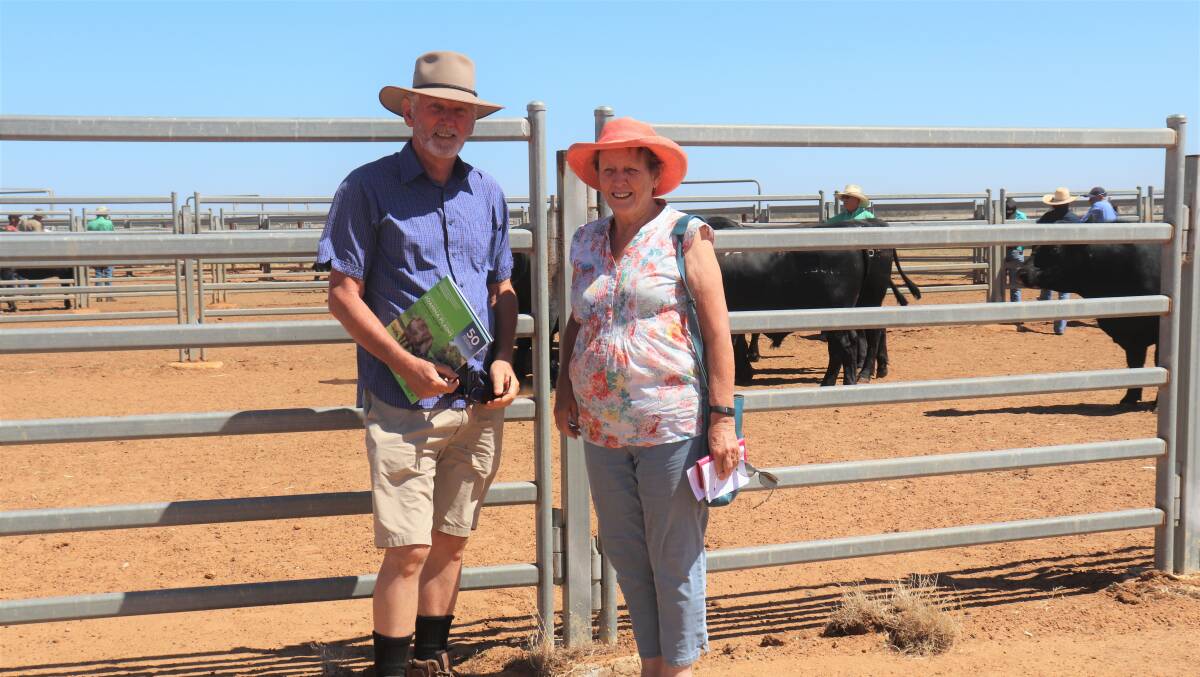 Tom Berrigan ( left) and Tina Berrigan, TJ Berrigan, Gingin, were at last week's Lawsons Angus bull sale at Cataby and purchased two bulls to a top of $9500.