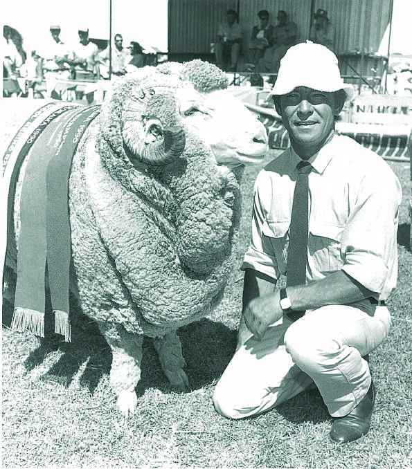 Former Jaloran studmaster Jim Toll with the studs 1990 Wagin Woolorama Supreme Merino exhibit.