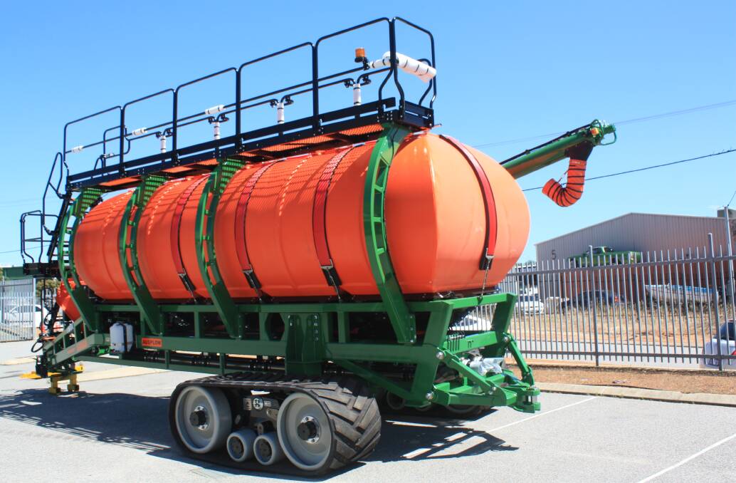 The new Series 2 Multistream liquid-ready air seeder on tracks pictured at Ausplow's Jandakot factory last week before being delivered to an eastern Wheatbelt farmer.