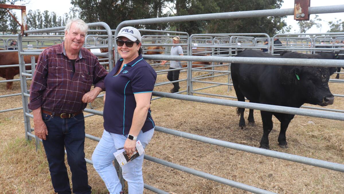 Looking over the bulls at last week's Summit Gelbvieh on-property bull sale were John Edwards, Narrikup and Sarah Frost, Lake King. In the sale Mr Edwards purchased a bull at $10,000.