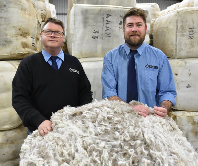 Westcoast Wool & Livestock wool manager Brad Faithfull (left) and co-ordinator of RWS and SustainaWOOL Justin Haydock discuss some of the wools from Westcoast Wool & Livestock grower clients targeted for the RWS and SustainaWOOL programs. Mr Haydock says wool types range from short fleece wools through to cardings and pieces, and while prices can vary, market premiums are definitely available.