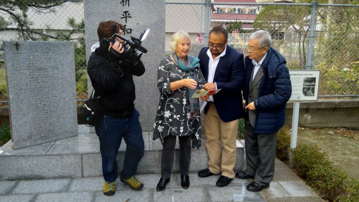 Barbara Mottershaw being filmed by the Japanese television crew at the Fukuoka 2b Memorial in Nagasaki, Japan.