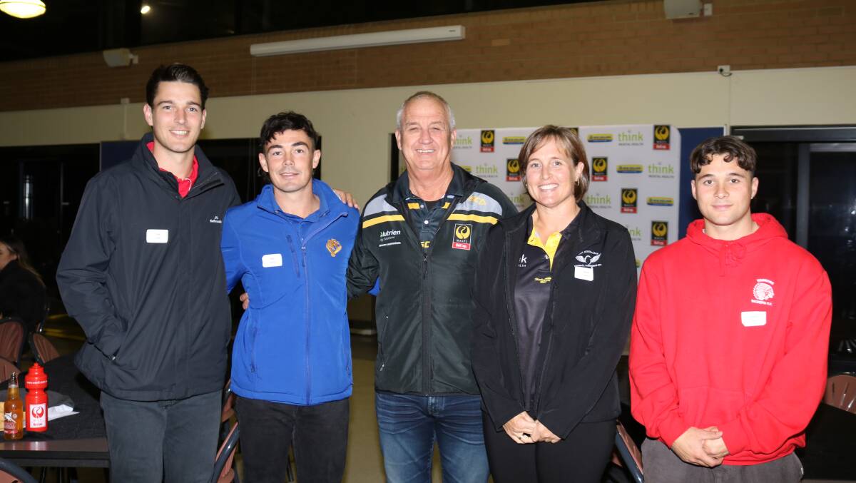 Tom Gorter (left), South Bunbury, with fellow team members Kim Schofield, Brigades Football club, Geraldton and Callum Garcia (right), Wickepin Warriors. With them are WACFL executive member Ian Stanley and finance and administration co-ordinator Kellie Morley.