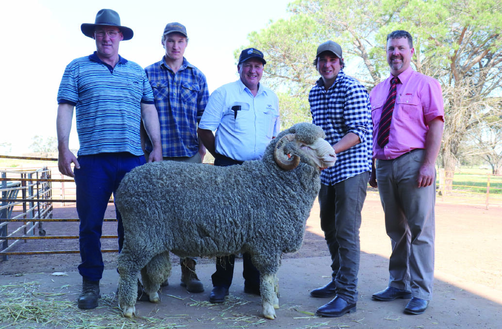 With the $11,200 top-priced ram at the Woodyarrup on-property ram sale last week were buyers Greg (left) and Ben Doyle, Wylivere Farms, Corrigin, with Woodyarrup stud co-principals Craig and Lachlan Dewar and Elders auctioneer Nathan King.