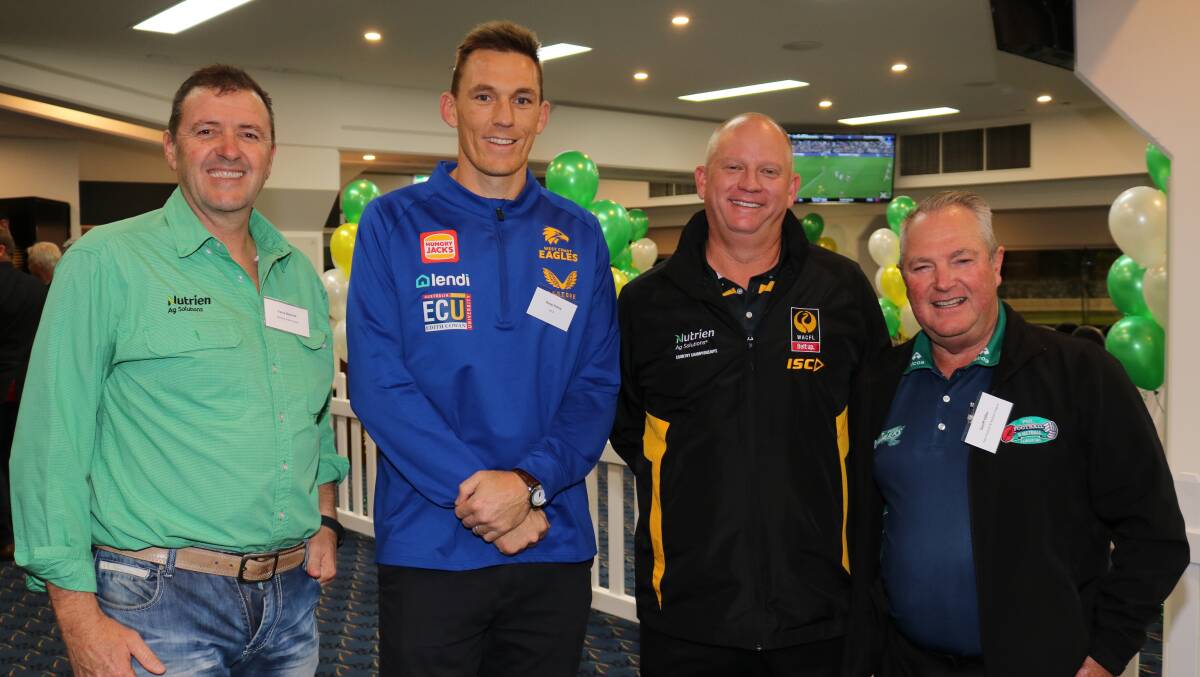  Nutrien Harcourts real estate agent, Central Midlands, Terry Norrish (left), chatted to Drew Petrie, West Coast Eagles player development, Kane Benson, WAFC country football manager and Geoff Hiller, Peel Football and Netball League general manager, Mandurah.