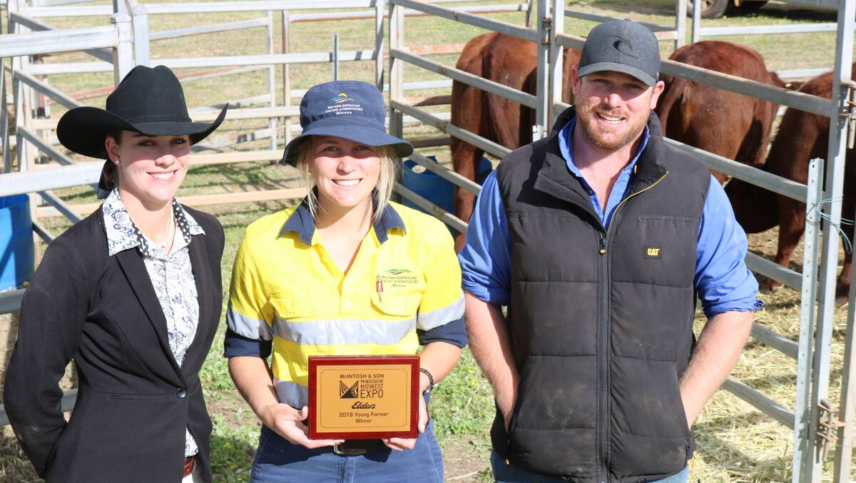 Young Farmers competition head steward Billi Marshall (left), Dongara, with last year's inaugural competition winner, WA College of Agriculture, Morawa, student Shannah Kanny, Northern Gully and livestock section head steward Brad Kupsch, Allanooka.