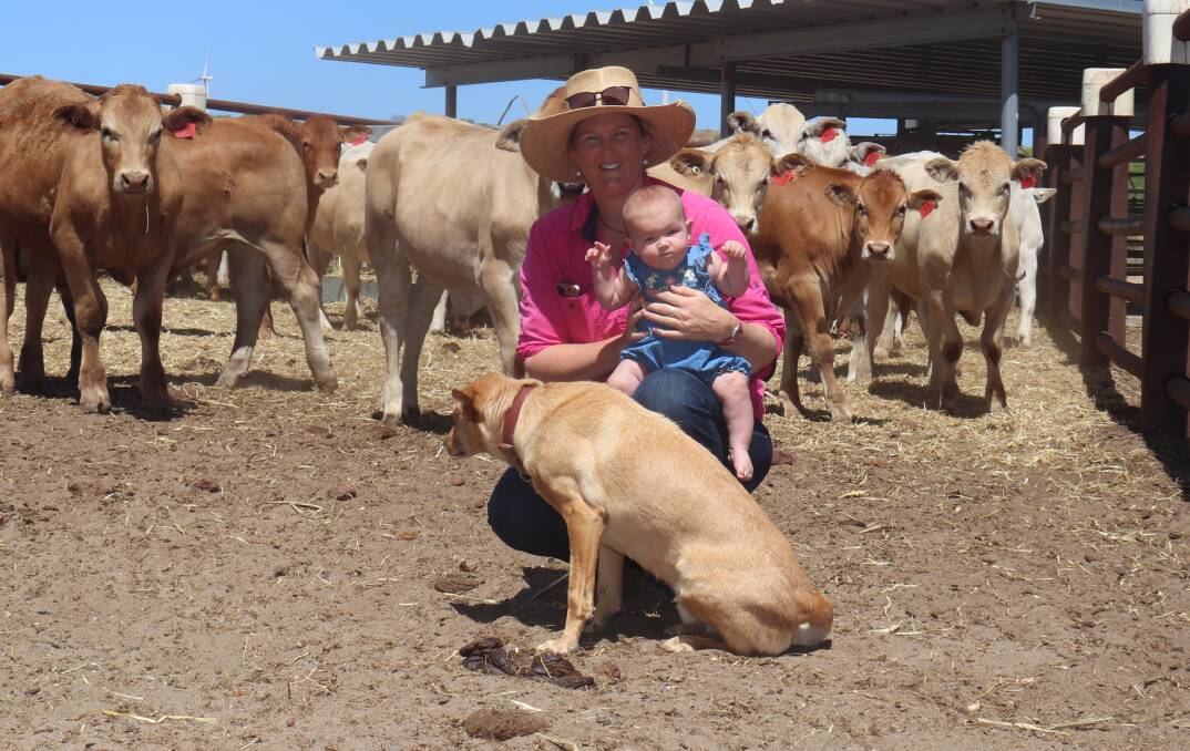 Pip Bain pictured with her six-month-old daughter Billie in the cattle yards with this years weaners.