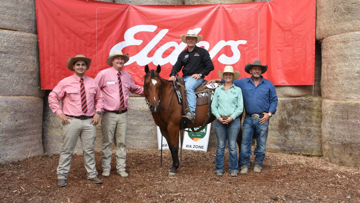 This gelding named Retro being ridden by vendor Ron Cole, Coolup, sold for $27,000 to Jacqui Muir, Bicton. With Mr Cole and Retro were auctioneer Ryan Bajada, Elders stud stock Victoria, Elders, Waroona representative and sale co-ordinator Wade Krawczyk and Retros preparers Susan and Wei Peace, Waterloo.