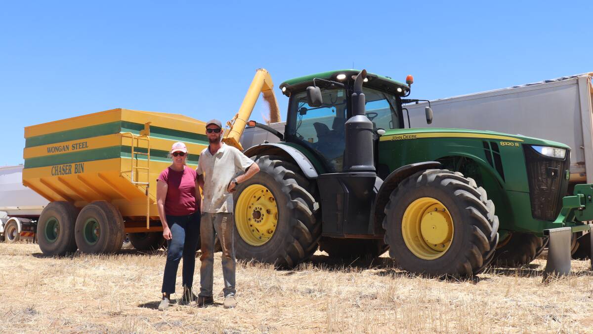Harvest was in full swing for Goodlands farmer Jo Ashworth in the chaser bin and her son Morgan, who was in charge of carting in the truck. INSET: Ms Ashworth said all of the crops have so far yielded a lot higher than what they looked like going.