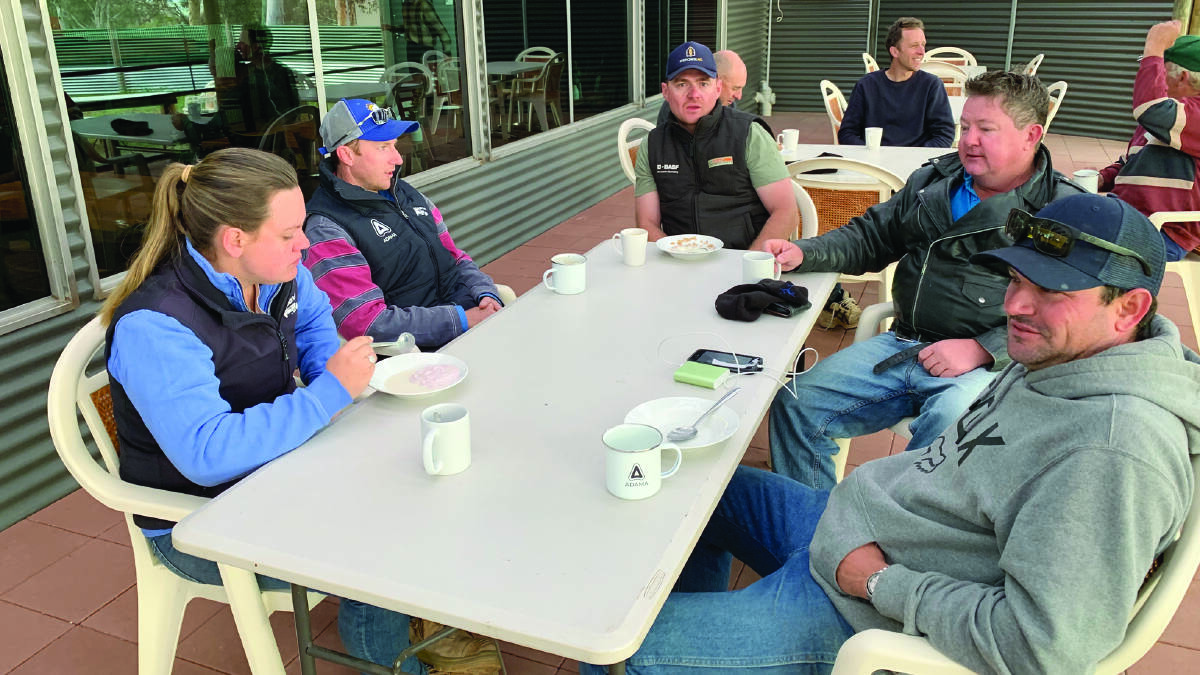 Northampton grower Ben Cripps (centre) sharing breakfast with Casey Onus (left), Brad Donald, Michael Brosnan and Rory Kerlin, agronomists from B&W Rural at Moree, Mungindi and Goodiwindi in New South Wales who made the trip west for the tour.