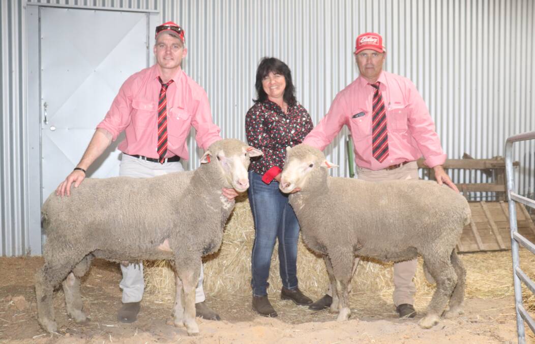 With the top price Prime SAMM rams, bought for $3500 and $2600 purchased by NP & KA Linden, New South Wales, were Elders, Mt Barker representative Tristan King (left), Royston stud co-principal Sandy Forbes and Elders, Mt Barker representative Dean Wallinger, who purchased the rams for the Lindens.