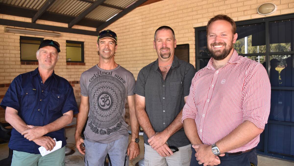 Maurice Humphrey (left), Quinninup and David McDonald, Northcliffe, sold cattle in Monday's sale. They are with Lawson's Angus representative Bevan Ravenhill, Manypeaks and Bayer Animal Health representative Aaron Wiggins, Denmark.