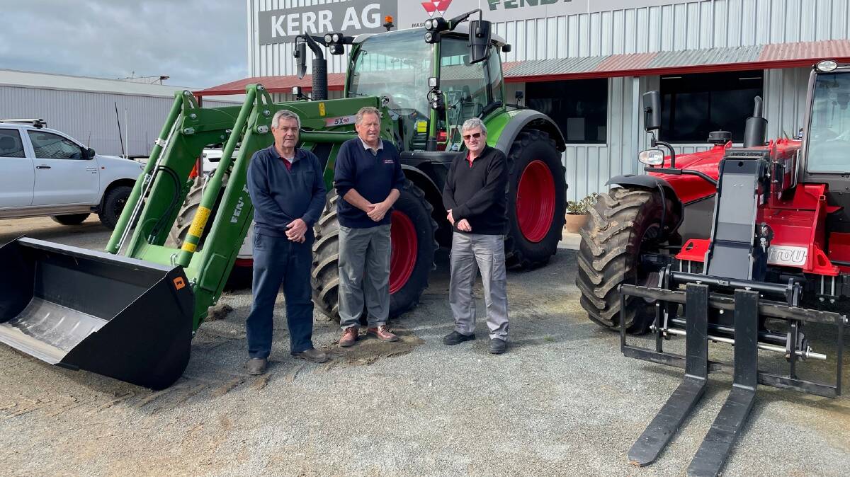 Kerr Ag parts manager Wayne Munyard (left), owner and director Brian Kerr and then new sales consultant Greg Paini last year outside the Katanning dealership which has been sold to Agwest Machinery. Mr Munyard is staying on with the new owners, Mr Kerr is taking a well-earned break and Mr Paini has moved on to a new job.