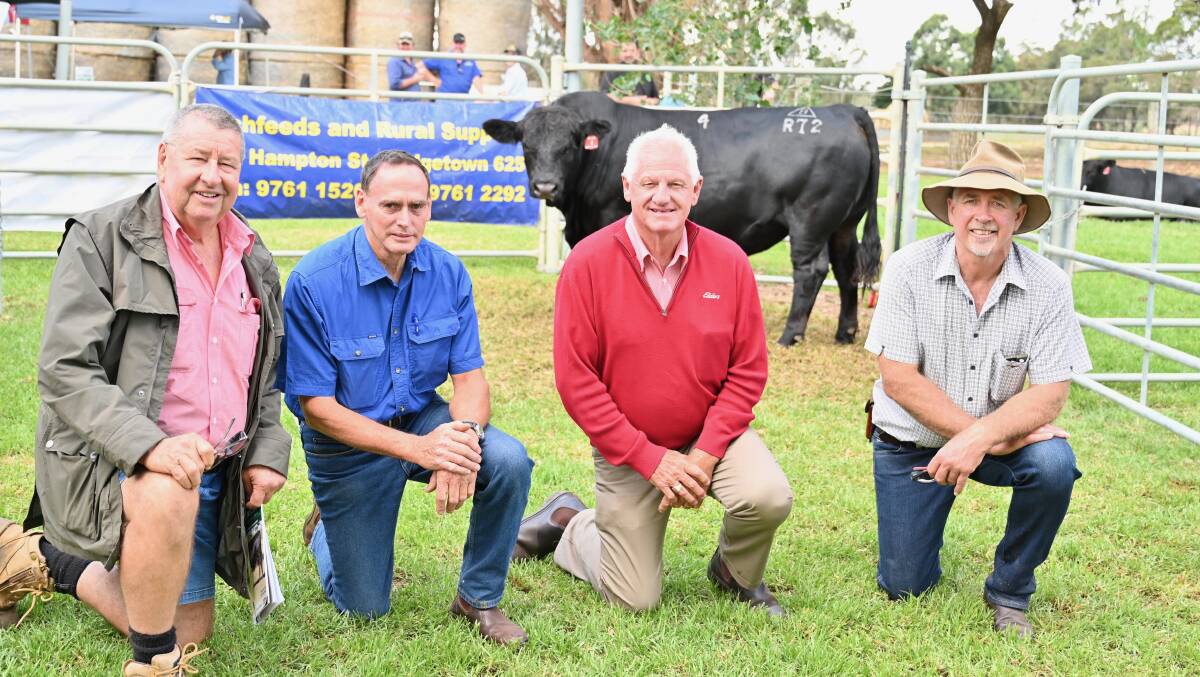 The $16,000 second top-priced bull at the Introvigne's annual bull sale was, Bonnydale Lincoln R072. Pictured with the Black Simmental sire is Terry Tarbotton (left), Elders Busselton, loyal client and buyer Alf Carroll, Tirano Farms, Nannup, Deane Allen, Elders Bridgetown and Bonnydale stud co-principal Rob Introvigne.