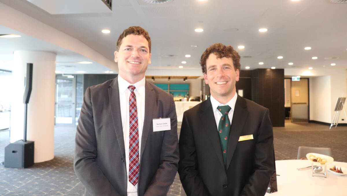 Nathan Cattle (left), managing director of Clear Grain Exchange and 2015 Nuffield scholar Reece Curwen, South Stirlings. Mr Curwen stood down after two years as chairman at the Nuffield WA annual meeting held before the sponsors luncheon.