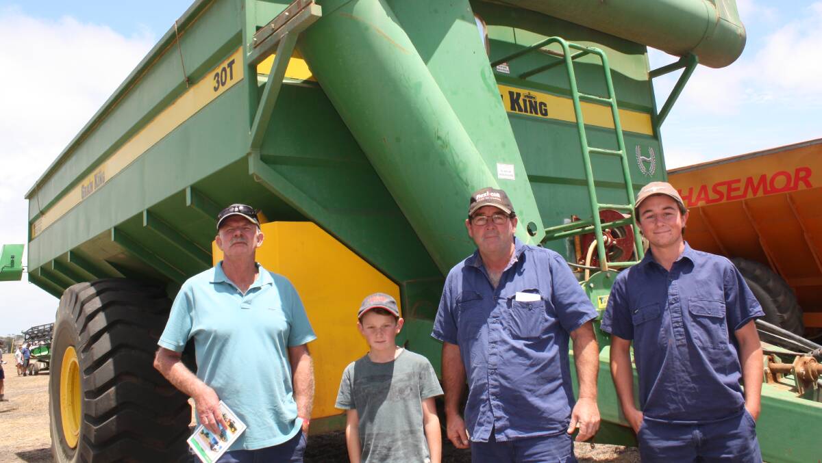  It was a good day out after a five hour trip for Burracoppin farmers Graham Johnston (left) and Chris Barnett (third left), who is pictured with his two sons Jacob and Josh. "We're just having a look and you never know what you might find," quipped Chris. The foursome were pictured in front of a 30 tonne single axle Trufab Grain King chaser bin, with a fire unit. It was later sold for $40,000. 