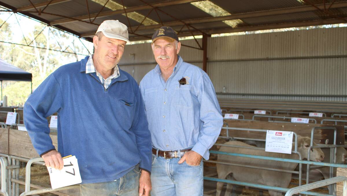 Volume buyer on the day was Duncan South (left), DP South & Co, Darkan, who secured 25 rams at auction at an average of $994 and a top price of $1150. With him was Glenbrook stud co-principal Robert Cuthbert, Darkan. 