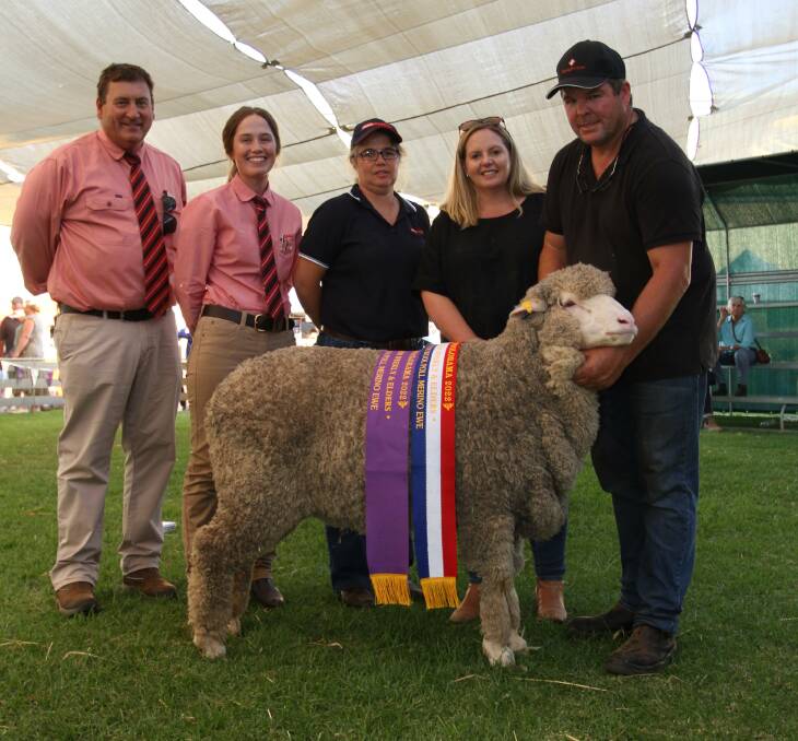 The grand champion Poll Merino ewe was exhibited by the Rangeview stud, Darkan. With the champion fine-medium wool Poll Merino ewe were sponsors Tim Spicer (left) and Lauren Rayner, Elders stud stock and Jodie Rintoul, Farm Weekly and Rangeview stud co-principals Melinda and Jeremey King.