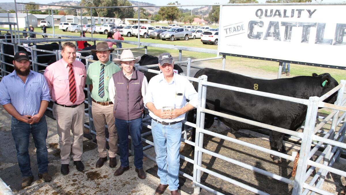 p Monterey Scott River manager Morgan Gilmour (left), Elders stud stock manager Tim Spicer, Landmark commercial cattle manager Darren Chatley, buyer Cameron Petricevich, S & C Livestock and Monterey stud principal Gary Buller, Karridale, with Monterey News Story N164 (by Millah Murrah Reality K61), the $10,000 equal top-priced Angus bull at the Monterey Winter Bull Sale at Brunswick last week.