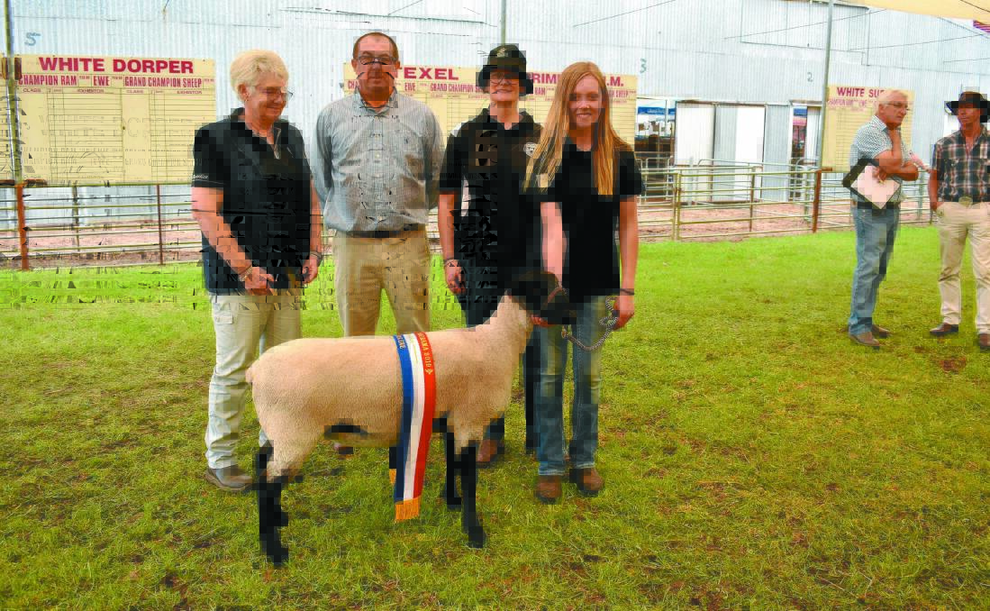  Once again it was a big Pamellen Suffolk stud ewe, that won the champion ewe sash and with the ewe were Pamellen stud co-principal Pam Hinkley (left), judge Greg Good, Pamellen stud co-principal Suellyn Boucher and Pam's great niece Shahna Davis, Albany.