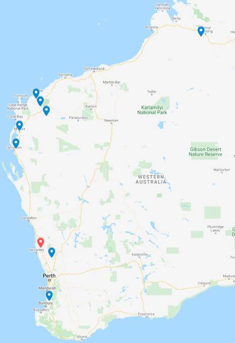The Forrest's agricultural land portfolio includes pastoral stations in the Pilbara and Kimberley, their Harvey Beef processing facility and soon-to-be-operational Koojan Downs feedlot (blue). Their most recent purchases are at Hill River (pink), known as Black Arrow and Finnies. Image: Map data 2020.