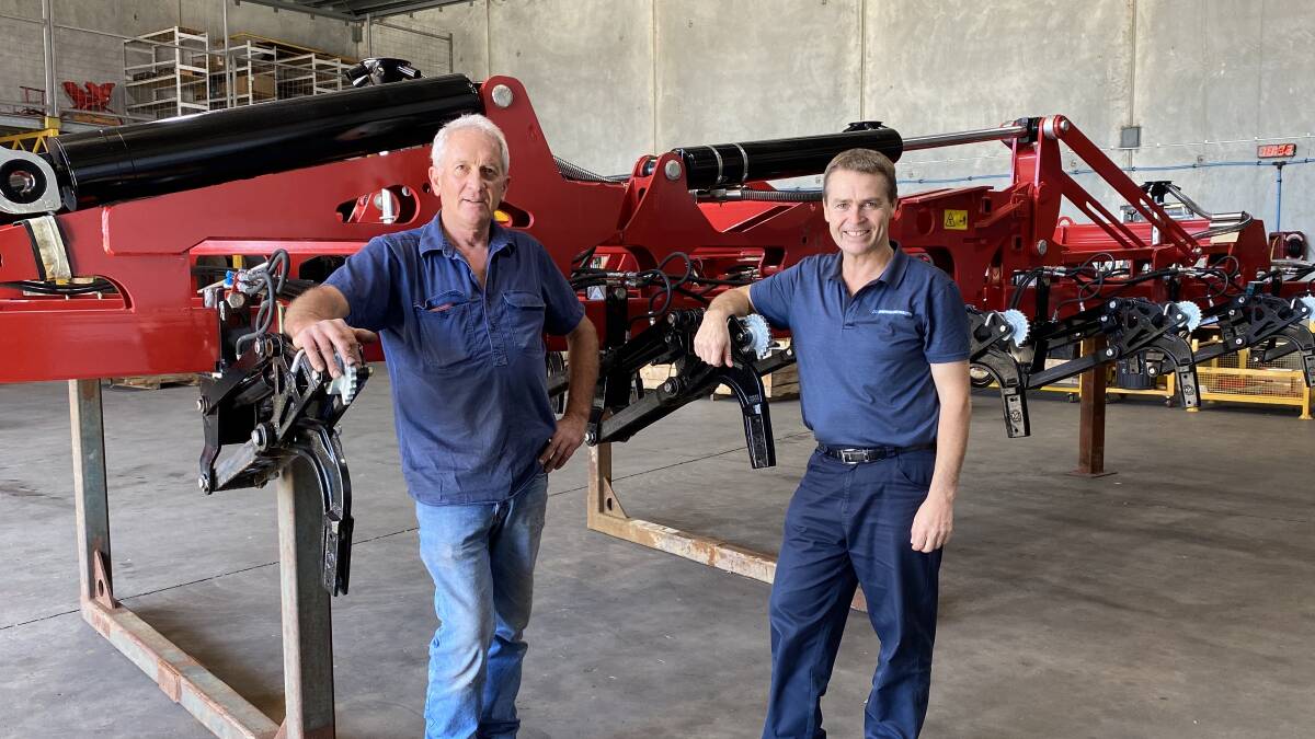  John Branton (left), tillage assembly team leader at McIntosh Distribution, and the company's Duncan Murdoch busy working on the latest Morris C3 Contour drills.