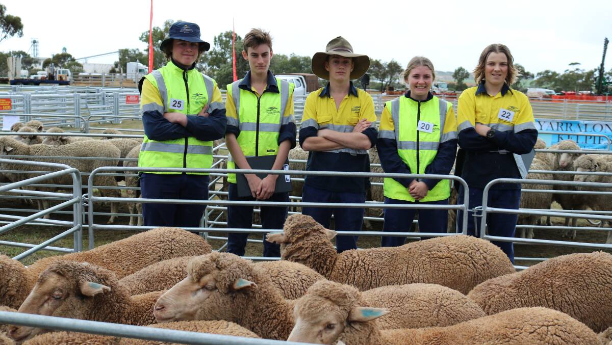 Ready to test their skills in the Young Farmer Merino sheep judging were WA College of Agriculture Morawa students Cameron Letton (left), Geraldton, Dane and Cobb Fowler, East Murchison, Hannah Husbands, Northampton and Cooper Bullin, Cervantes.