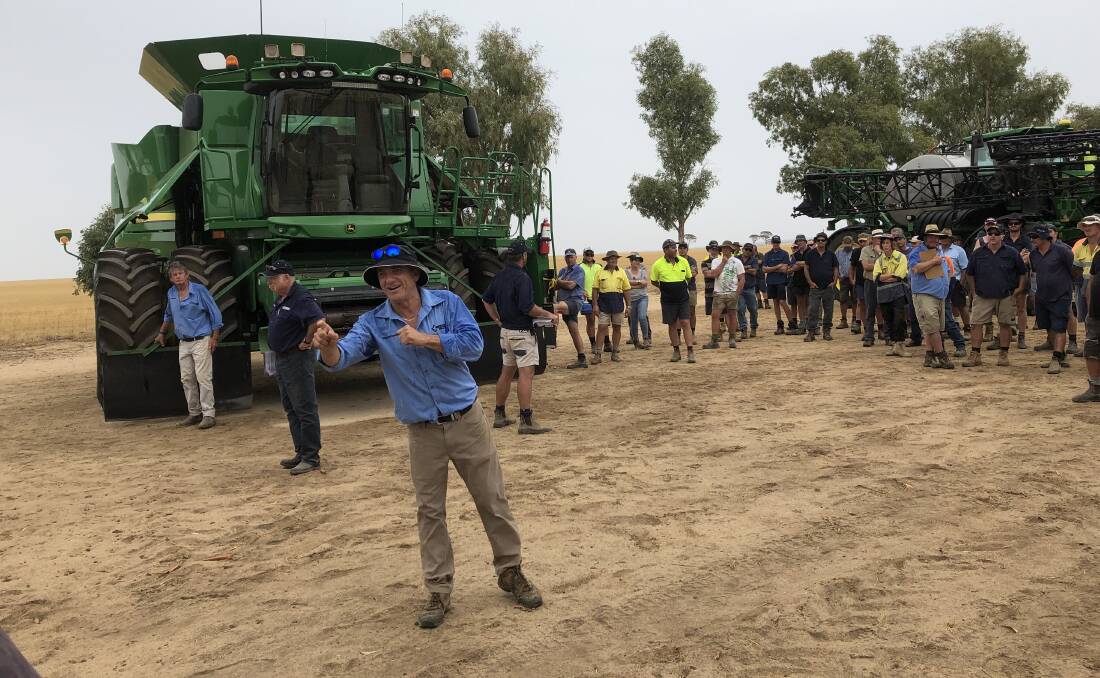 Westcoast Wool & Livestock auctioneer Chris Hartley in full swing selling the final item of the day, a John Deere 5680 header at the Varone family's clearing sale at Little Italy, via Hyden last week. After some spirited bidding the header was finally knocked down at $310,000 to a Newdegate buyer.