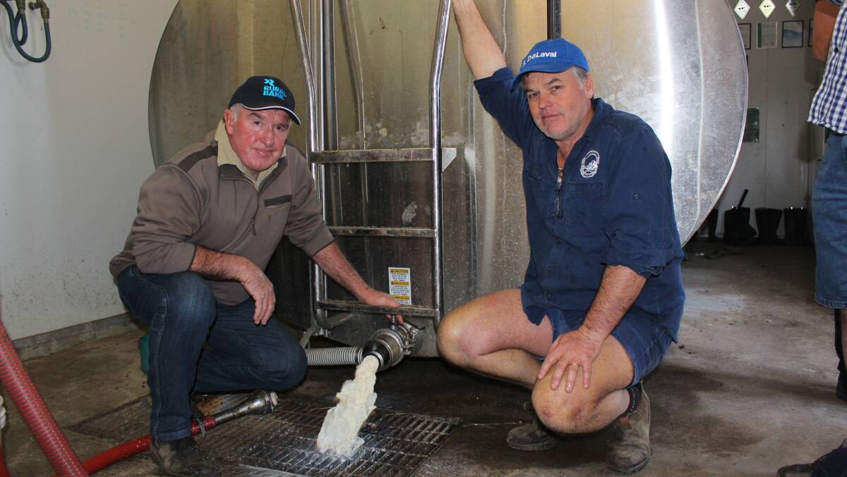 WAFarmers' then newly elected dairy section president Michael Partridge (right), supporting former Harvey dairy farmer Graham Manning who was forced out of the industry in 2016 when his milk supply contract was cancelled. Mr Partridge has said he may seek a fourth term as president.