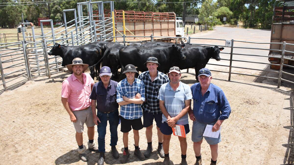 The Milner family, Milners Farm, Busselton, sold this pen of eight Angus-Friesian heifers for the $3350 equal top price in the Angus-Friesian run. With the heifers were Elders, Busselton representative Jacques Martinson (left), vendors Jim, Liam and Brett Milner and buyers Gary and Mick Terrigno, Alba Rosa, Jardee.
