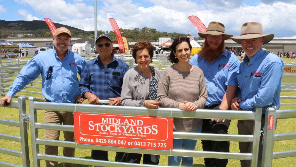 Midland Stockyards' Paul Dongray (left), explained the virtues of his company's products to Narrikup sheep farmers Liberato, Pietrina and Kelly Fragomeli, with fellow team members Jeremy Byrne and Scott Hills.