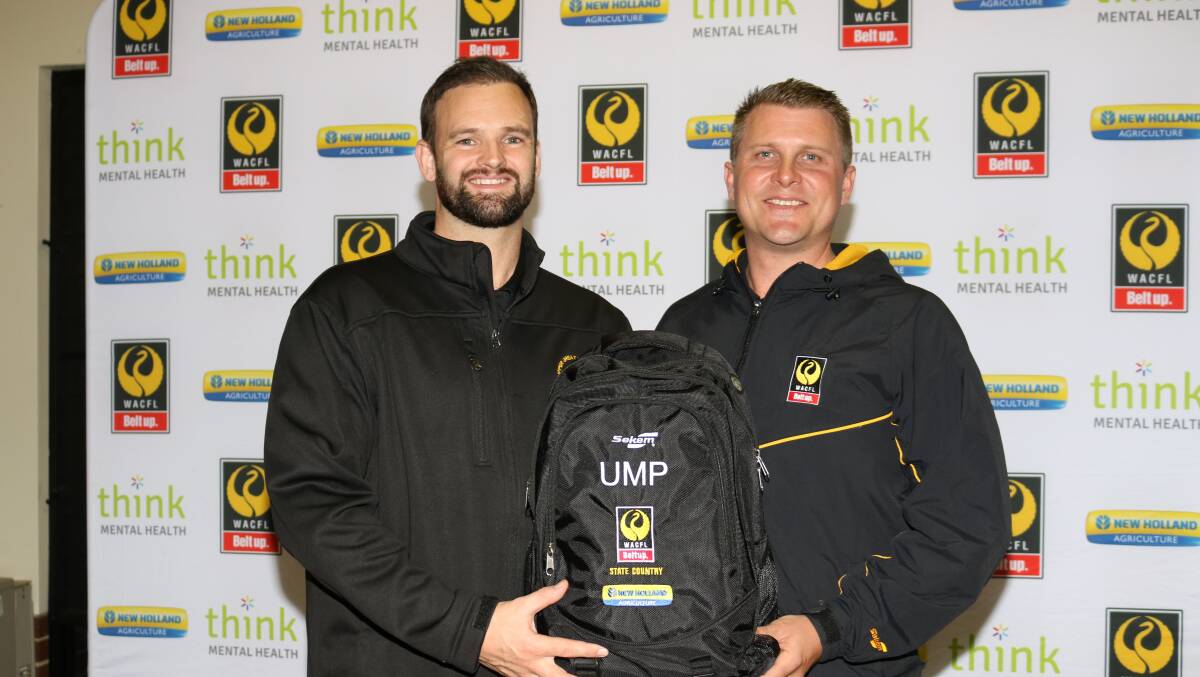 Travis Norton, the only WA umpire selected was presented with his backpack by player chairman of selectors and WACFL executive member Brendon Simpson, Brigadoon.