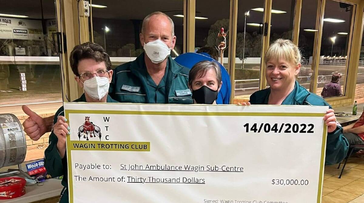 Wagin St John Ambulance volunteers Robyn Willey (left), Jos Brummelman, Ann Patterson and Gaenor Stephens received a giant $30,000 from the Wagin Trotting Club to go towards the centres new ambulance. Photo courtesy of the Wagin CRC.